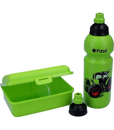 Fizzii Set Trinkflasche 600ml + Lunchbox inkl. Obst-  Gemüsefach schadstofffrei spülmaschinenfest Motiv: Trecker - B07ZDBC1VS