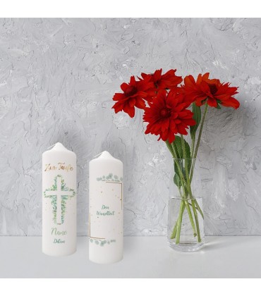 GRAVURZEILE Bedruckte Kerze Taufkerze Eukalyptus Kreuz brilliant bedruckte Kerze zur Taufe Personalisiertes Taufgeschenk für Mädchen & Jungen Hochwertige Stumpenkerze 250 80 mm -