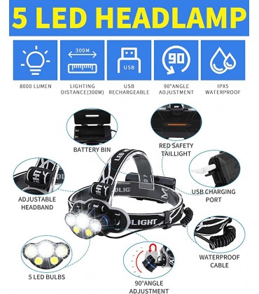 Kopflampe Stirnlampe LED Wiederaufladbar mit 5 Lichtern 8 Modi 8000 Lumen Kopflampe stirnlampe LED Stirnlampe Für Camping Angeln Radfahren Wandern Wasserdicht Kopflampen,Outdoor - B09G96Z8HZ