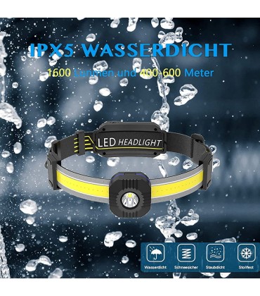 Stirnlampe LED Kopflampen IPX5 Wasserdicht Rücklicht 1600 Lumen 10 Lichtmodi Einstellbar Stirnleuchte Leichtgewichts Headlamp für Arbeit Joggen Camping Wandern Angeln - B09LQC6BWC