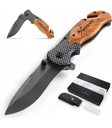 BERGKVIST® K19 Klappmesser Einhandmesser mit Holzgriff & Titanium für Outdoor & Survival 3-in-1 Taschenmesser mit Glasbrecher & Gurtschneider - B073TJWFJX