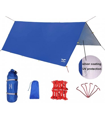 MIER Wasserdichte Zeltplane für Hängematte Regenschutz leicht für Camping Rucksackreisen 6 Heringe und 12 Seile Blau L - B07F81K5Q4
