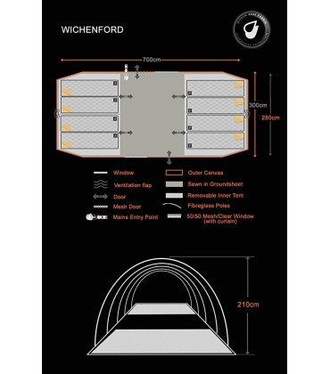 Olpro Wichenford 3.0 Familien-Tunnelzelt 7 m x 3 m 8 Liegen 5000 mm wasserdicht UV-Schutz inklusive Baldachin-Stangen Orange Grau - B07R5TDQKG