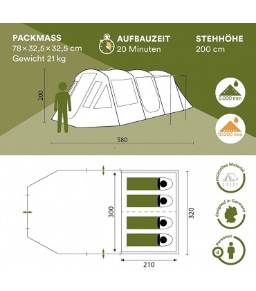 Skandika Tunnelzelt Nordland für 4 Personen | Zelt mit eingenähtem Zeltboden wasserdicht 5000 mm Wassersäule 2 m Stehhöhe teilbare Schlafkabine | Camping Outdoor Campingzelt Familienzelt - B071VK8BPB