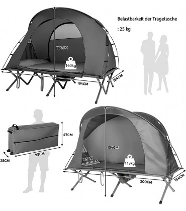 GOPLUS 4 in 1 Campingzelt mit Feldbett Faltbares Kuppelzelt mit Aufblasbarer Matratze & Regenabdeckung für 2 Personen Zelt mit Netzfenster & Tragetasche 194 × 146 × 160 cm - B09ZVCXMPL