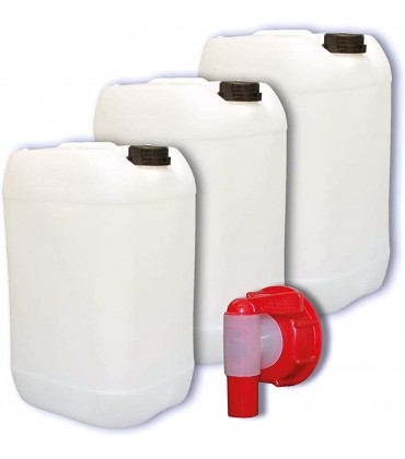 plasteo 3 x 25 Liter Getränke- Wasserkanister Natur | mit 1 Hahn und 3 Schraubdeckel DIN 61 | Lebensmittelecht | Tragbar | Indoor und Outdoor | BPA Frei - B0855Y8XNV